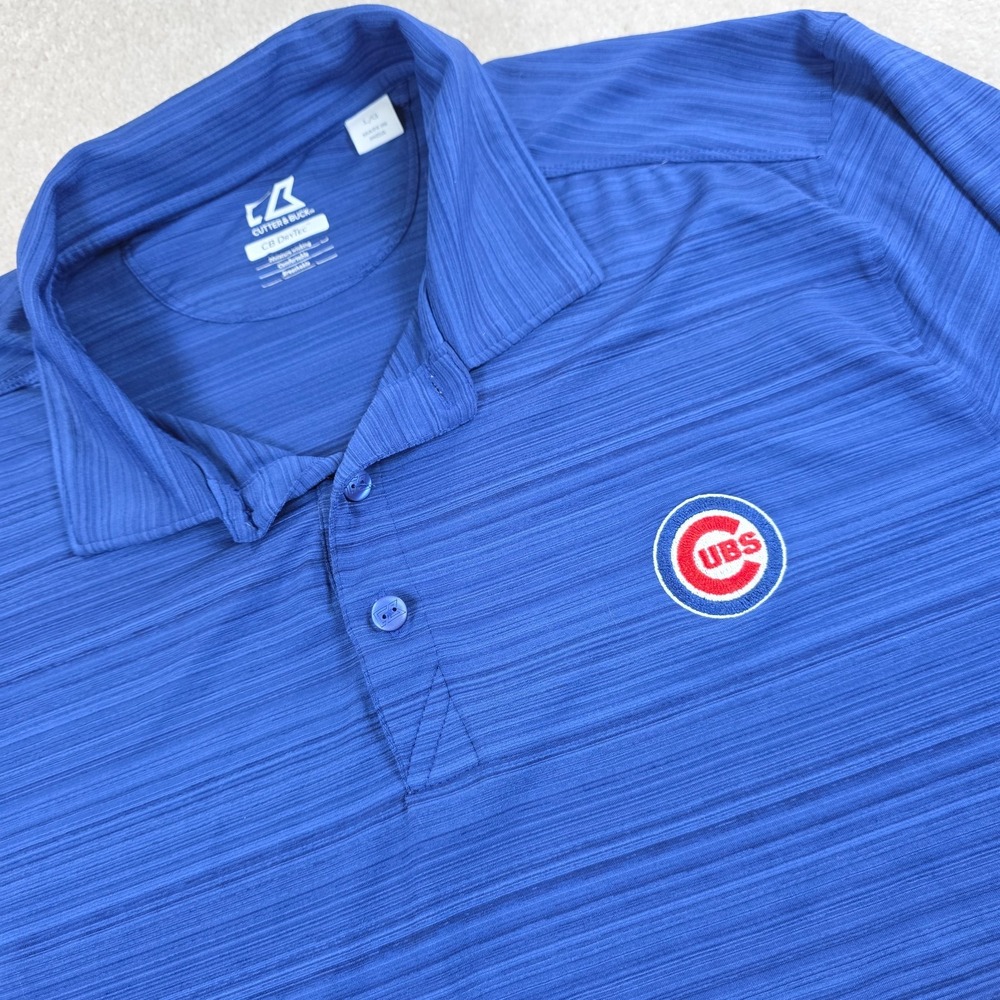 Cutter & Buck Polo Shirt Mens L Blue Striped DryTec Chicago Cubs MLB Team Logo